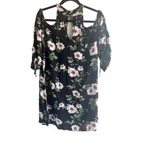 American Eagle AEO Womens 3/4 Cold Shoulder Halter Neck dress Floral Black M